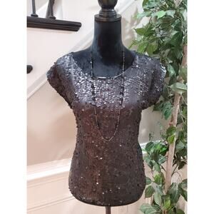 Black Gold Women Sequin Polyester Round Neck Short Sleeve Top Blouse Size Medium